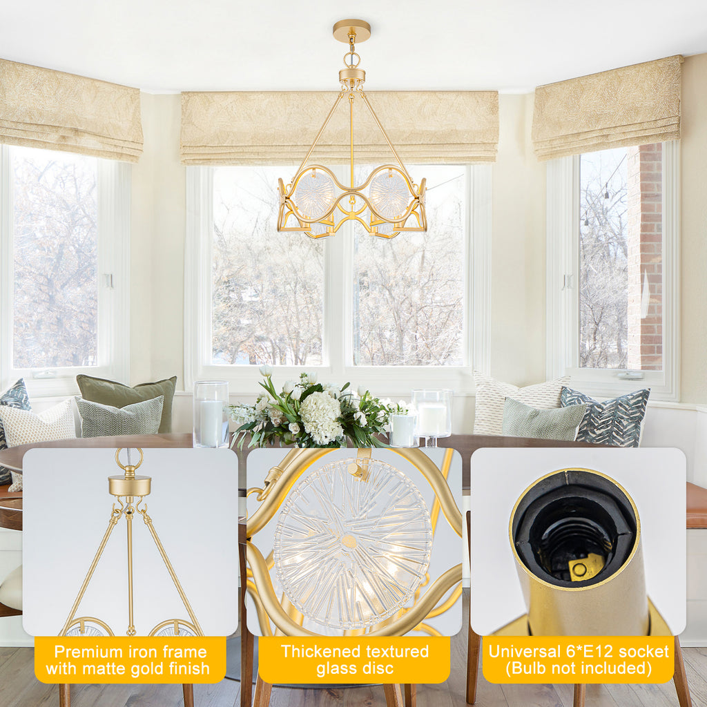 6-Light Vintage Chandelier Etched Round Glass Panels Gold Metal Frame - product image 9 | Zenvolit