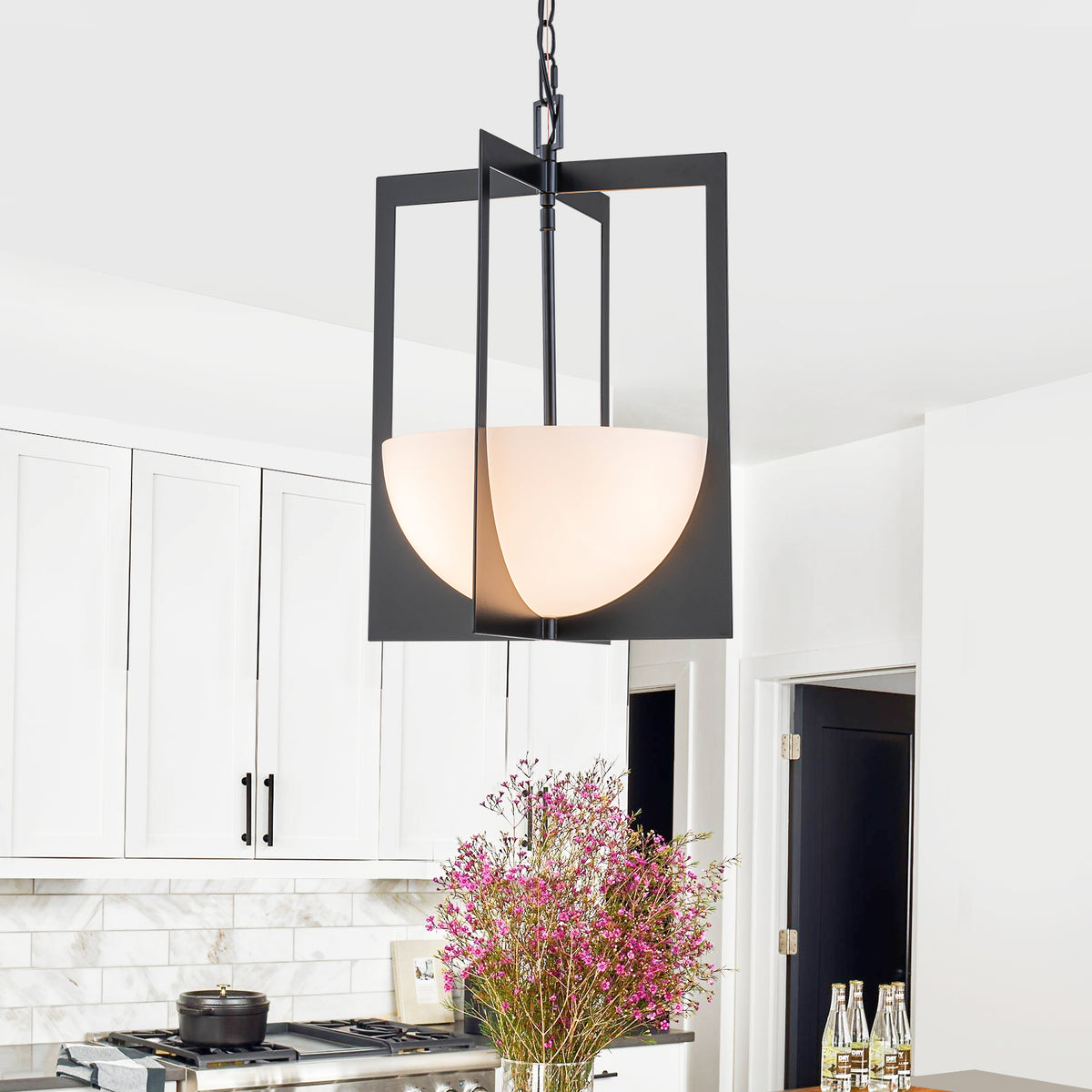 3-Light Industrial Square Frame Pendant Light, Half-Moon Opal Glass - product image 2 | Zenvolit