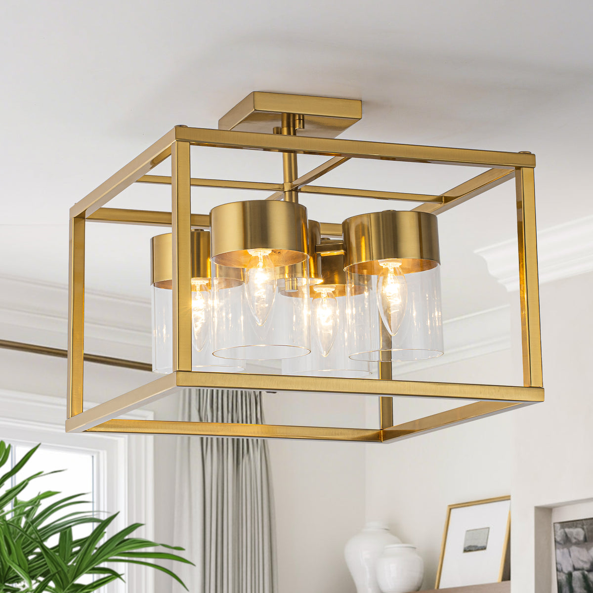 4-Light Semi Flush Mount Ceiling Light Square Frame Clear Glass Shades - product image 1 | Zenvolit