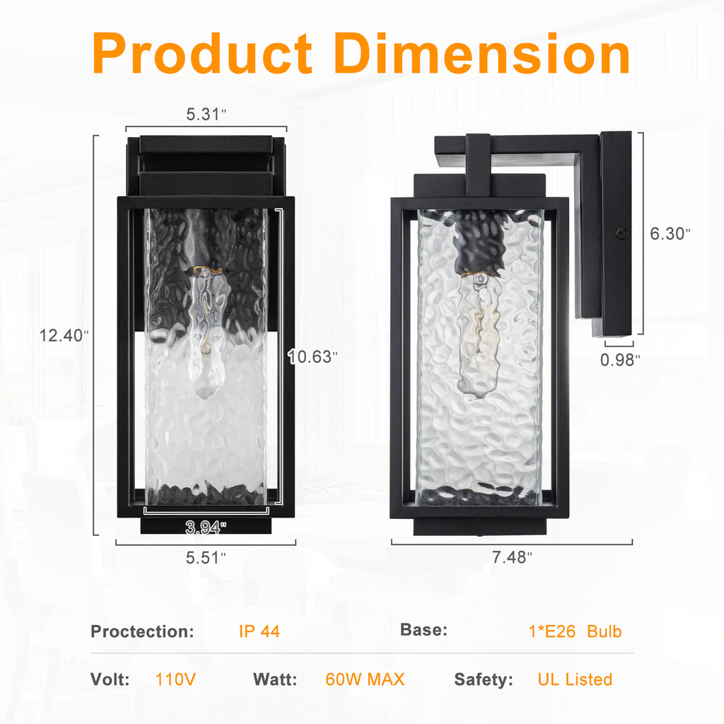 Black Outdoor Wall Sconce with Water Glass Waterproof Lantern Light - product image 8 | Zenvolit