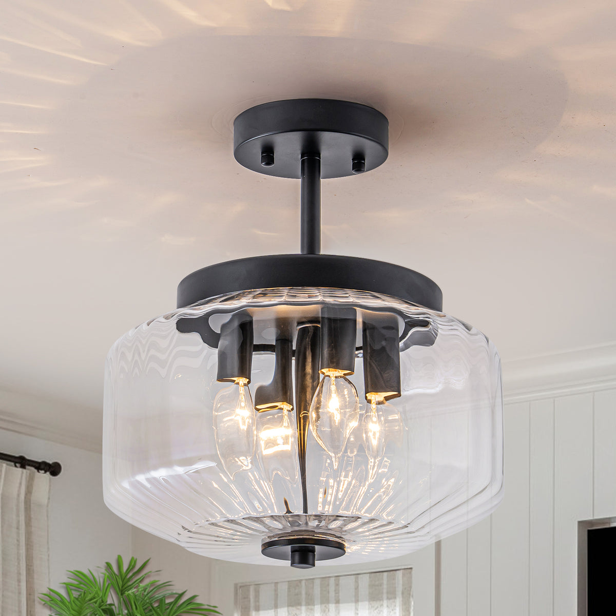 4-Light Semi Flush Mount Ceiling Light Ribbed Glass Lantern Shade - product image 1 | Zenvolit