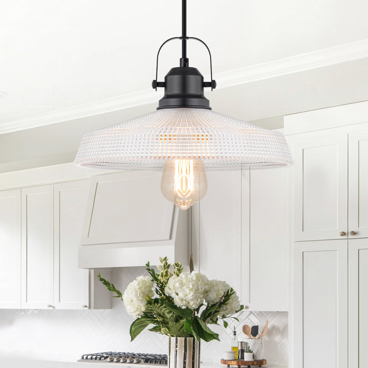 Modern Matte Black Pendant Light with Grid Glass Dome Shade Kitchen - product image 2 | Zenvolit