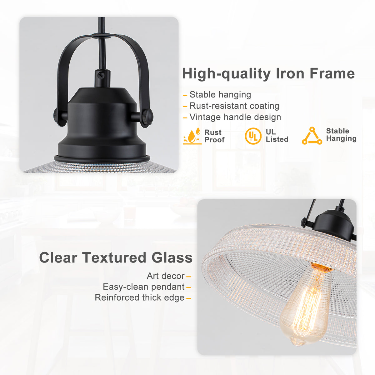 Modern Matte Black Pendant Light with Grid Glass Dome Shade Kitchen - product image 3 | Zenvolit