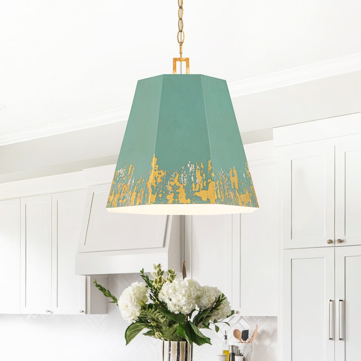 Industrial Octagonal Tapered Pendant Light Handcrafted Lake Blue &Gold - product image 1 | Zenvolit