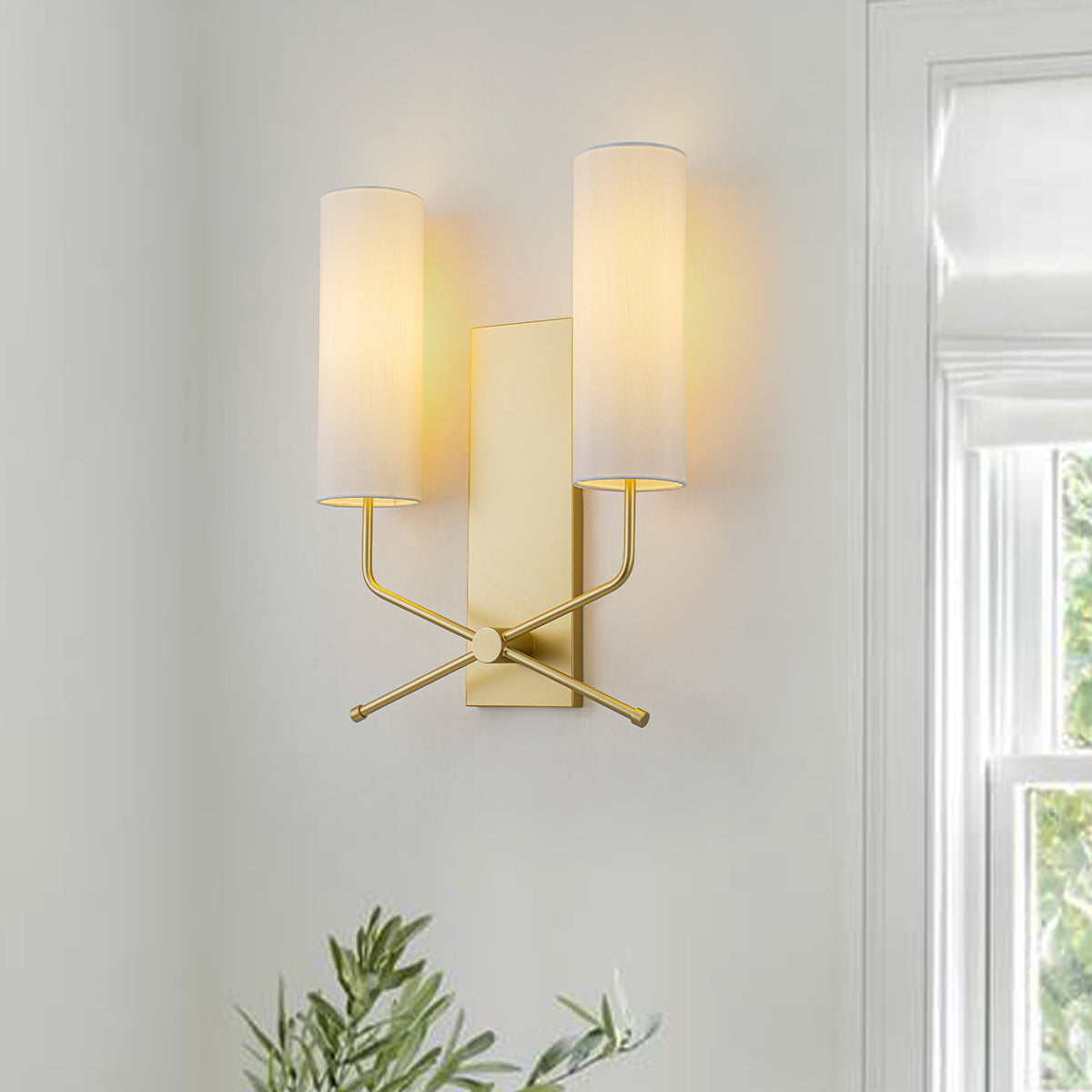 2-Light Brushed Gold Wall Sconce White Fabric Cylinder Shade Hallway - product image 1 | Zenvolit