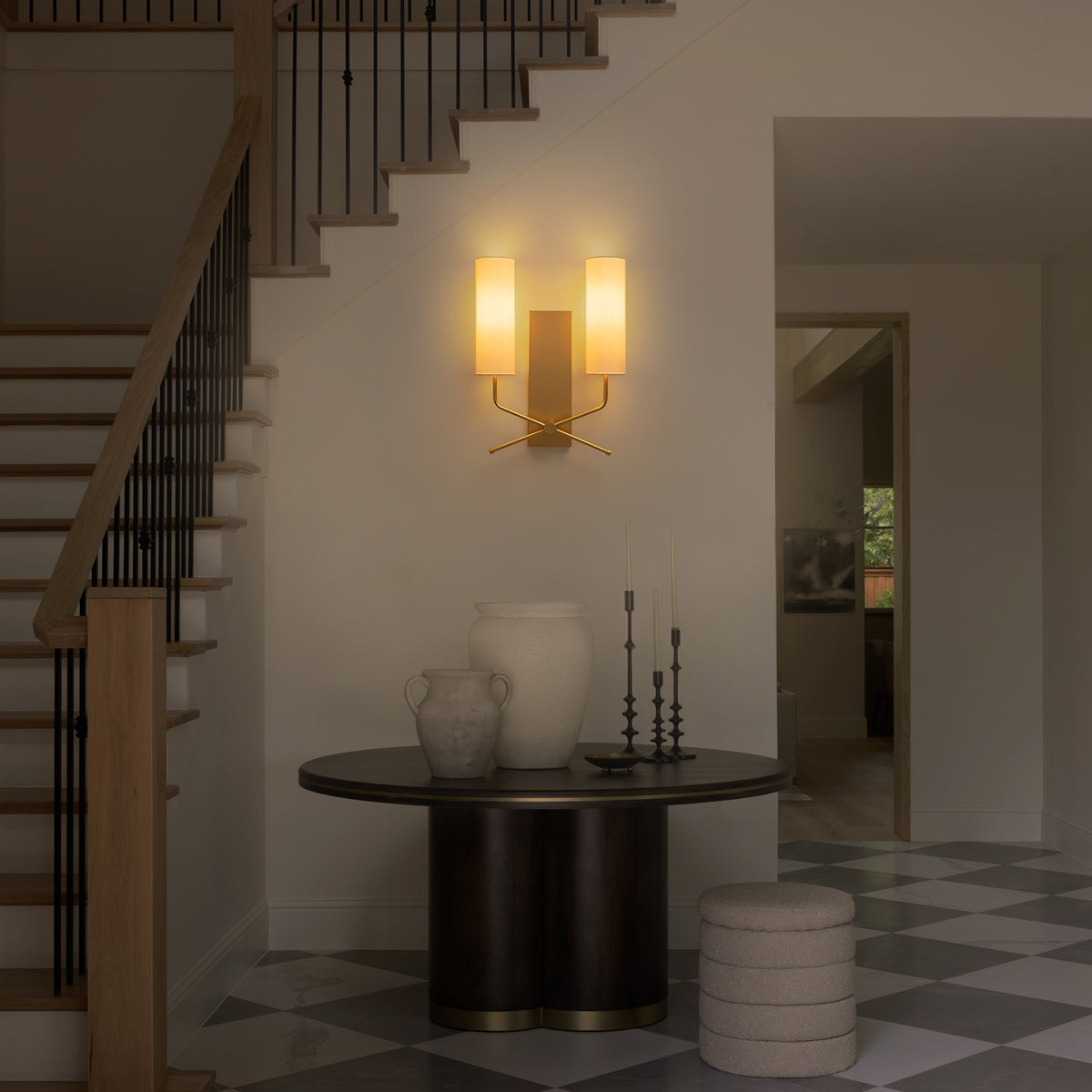 2-Light Brushed Gold Wall Sconce White Fabric Cylinder Shade Hallway - product image 3 | Zenvolit