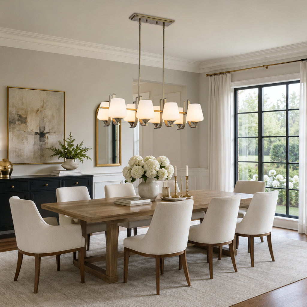 8-Light Linear Chandelier Milk Glass Shades Modern Kitchen Island - product image 5 | Zenvolit