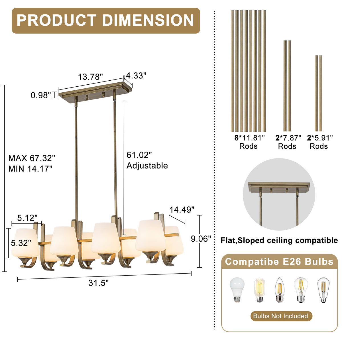 8-Light Linear Chandelier Milk Glass Shades Modern Kitchen Island - product image 7 | Zenvolit
