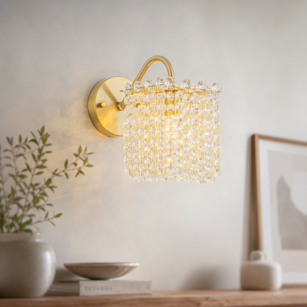 Gold Wall Sconce Clear Crystal Strands Vanity Light Bathroom Hallway