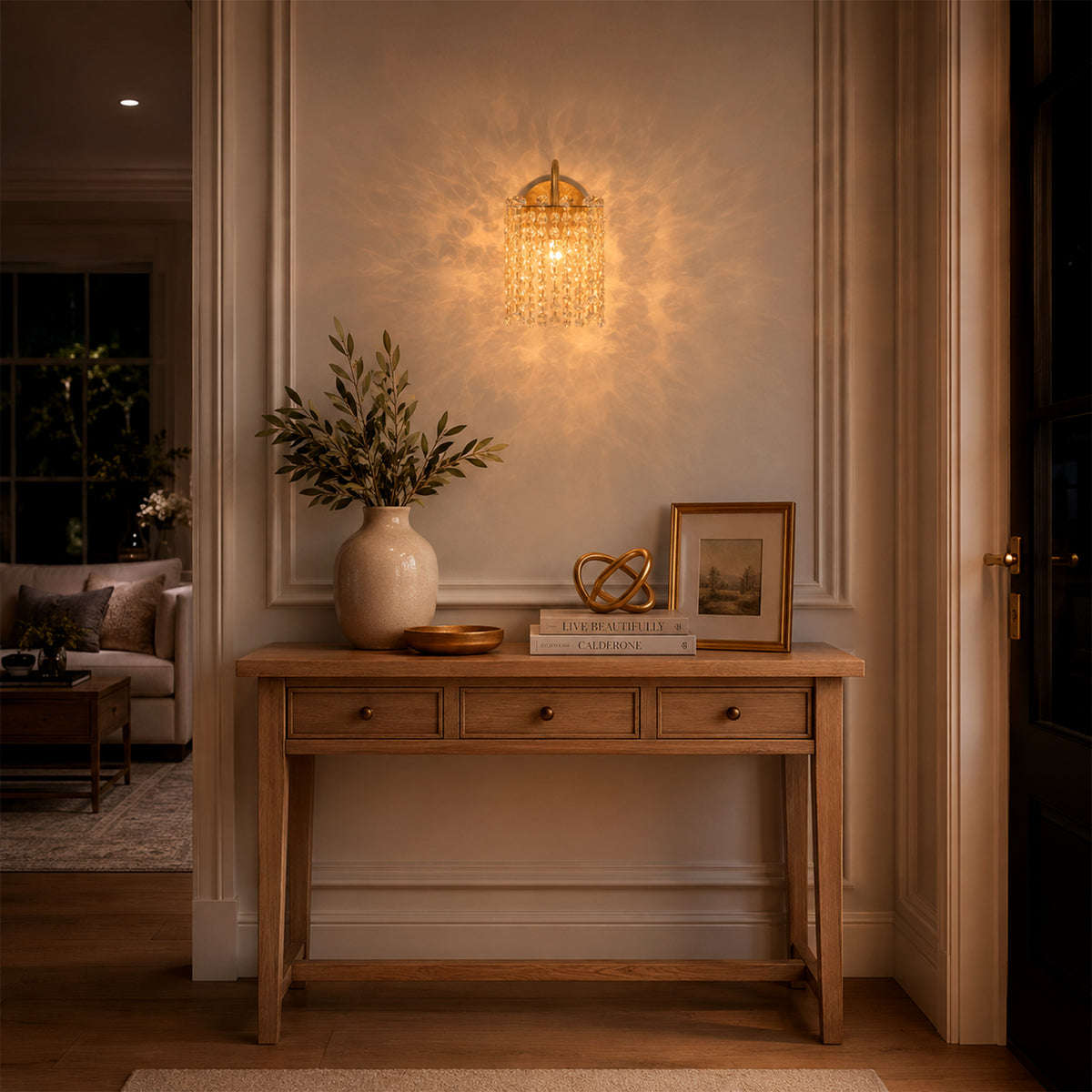 Gold Wall Sconce Clear Crystal Strands Vanity Light Bathroom Hallway