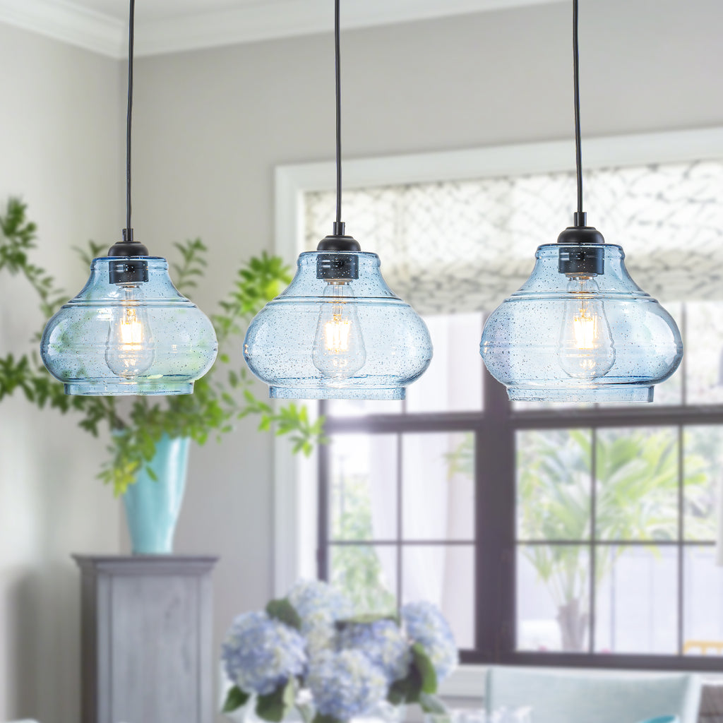 3-Light Kitchen Linear Island Pendant Light Seeded Blue Glass Shades - product image 1 | Zenvolit
