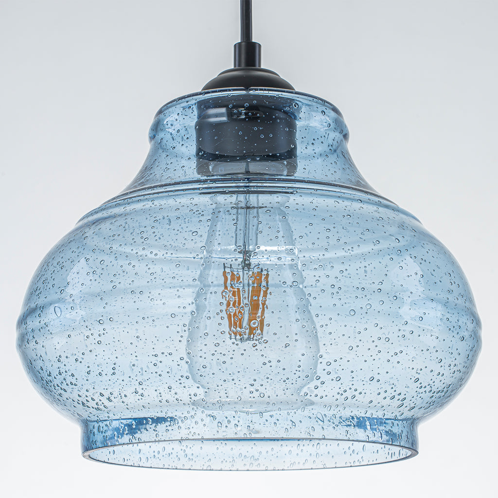 3-Light Kitchen Linear Island Pendant Light Seeded Blue Glass Shades