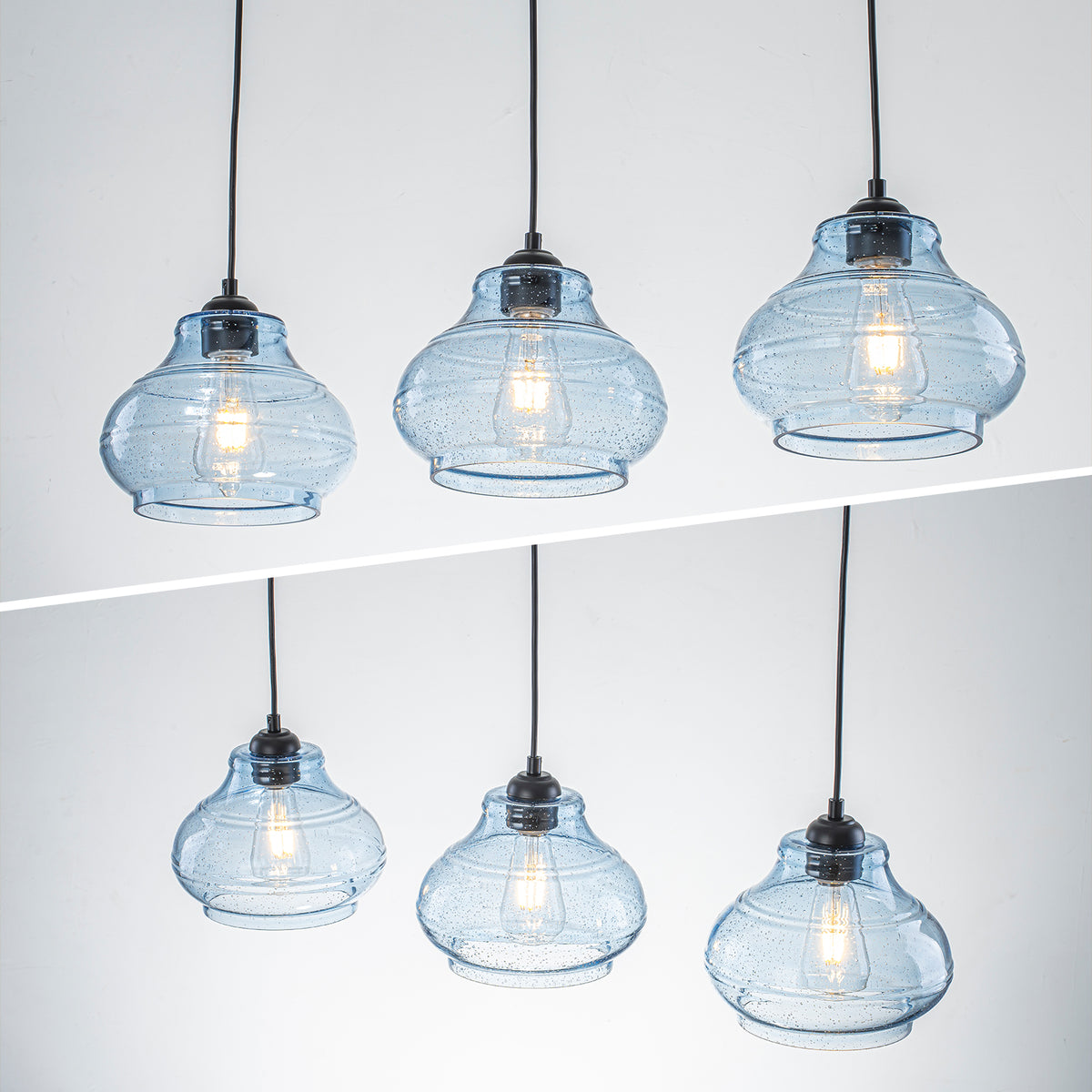 3-Light Kitchen Linear Island Pendant Light Seeded Blue Glass Shades