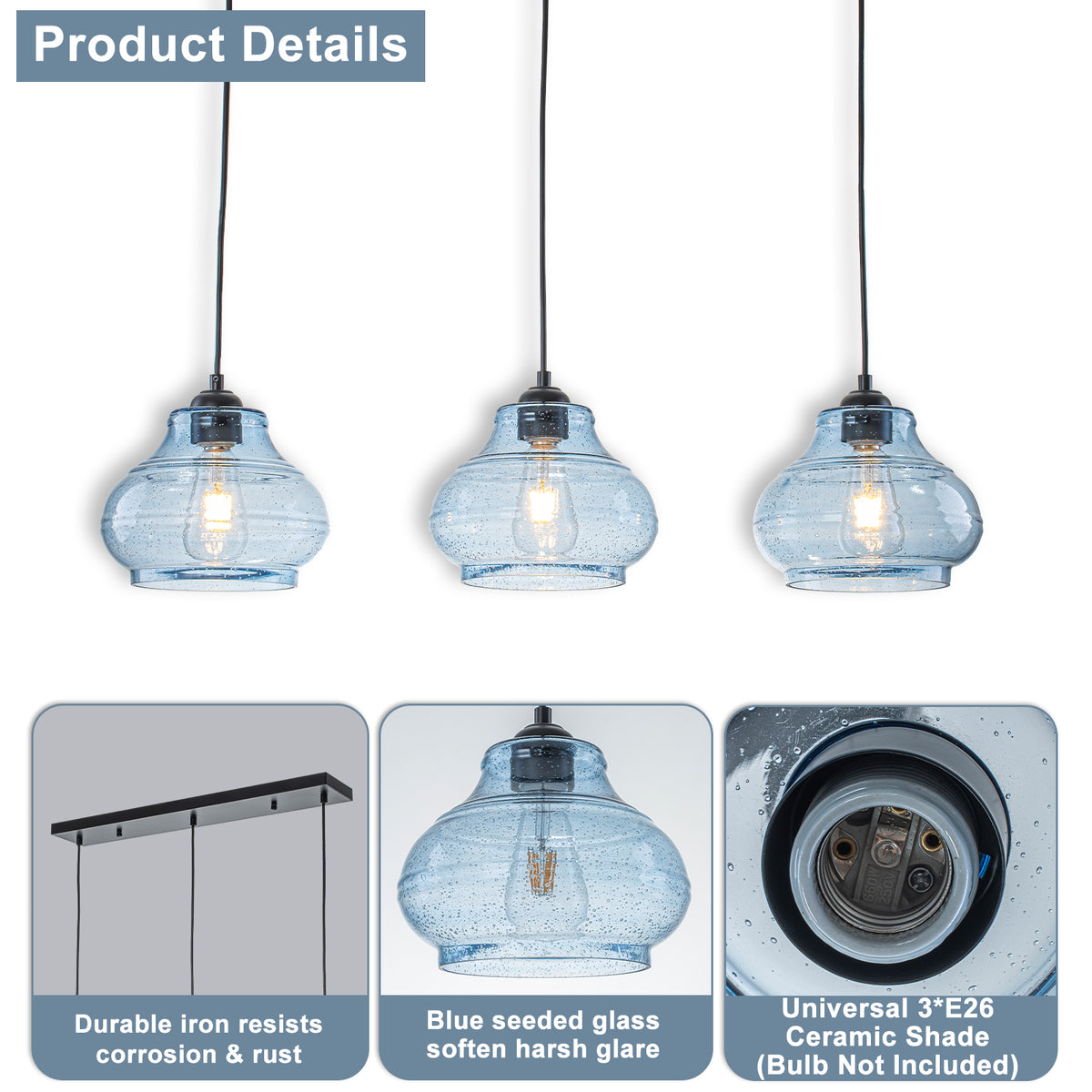 3-Light Kitchen Linear Island Pendant Light Seeded Blue Glass Shades