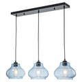 3-Light Kitchen Linear Island Pendant Light Seeded Blue Glass Shades