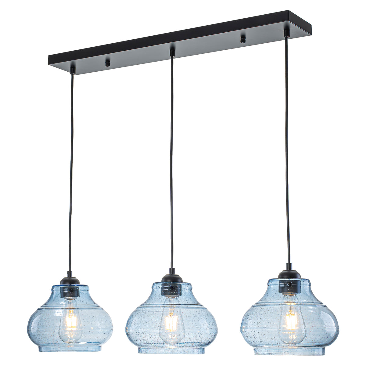 3-Light Kitchen Linear Island Pendant Light Seeded Blue Glass Shades