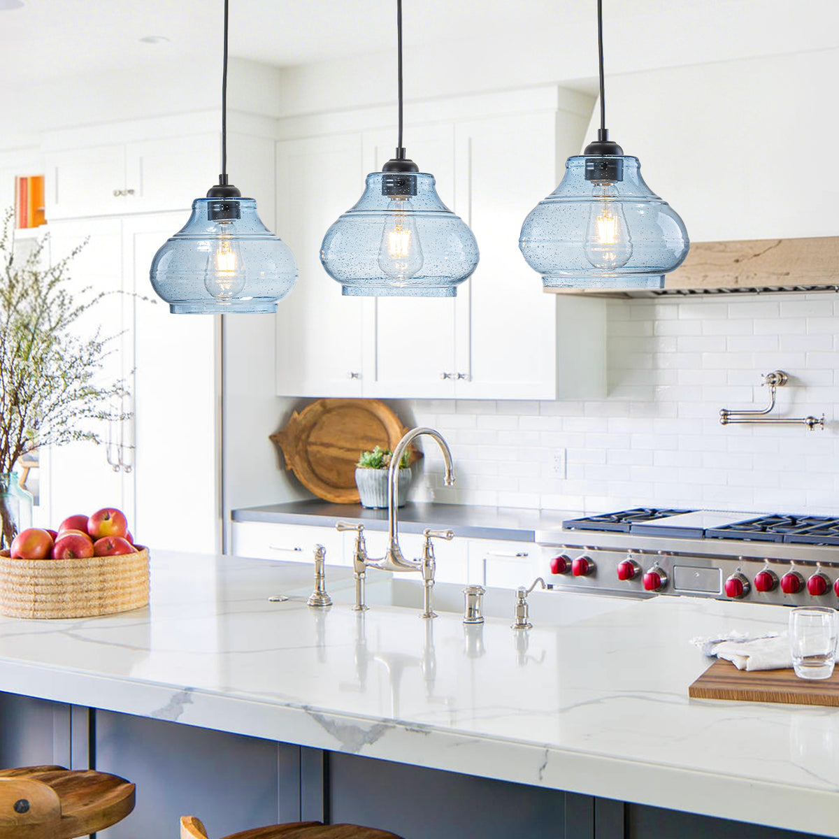 3-Light Kitchen Linear Island Pendant Light Seeded Blue Glass Shades