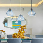 3-Light Kitchen Linear Island Pendant Light Seeded Blue Glass Shades