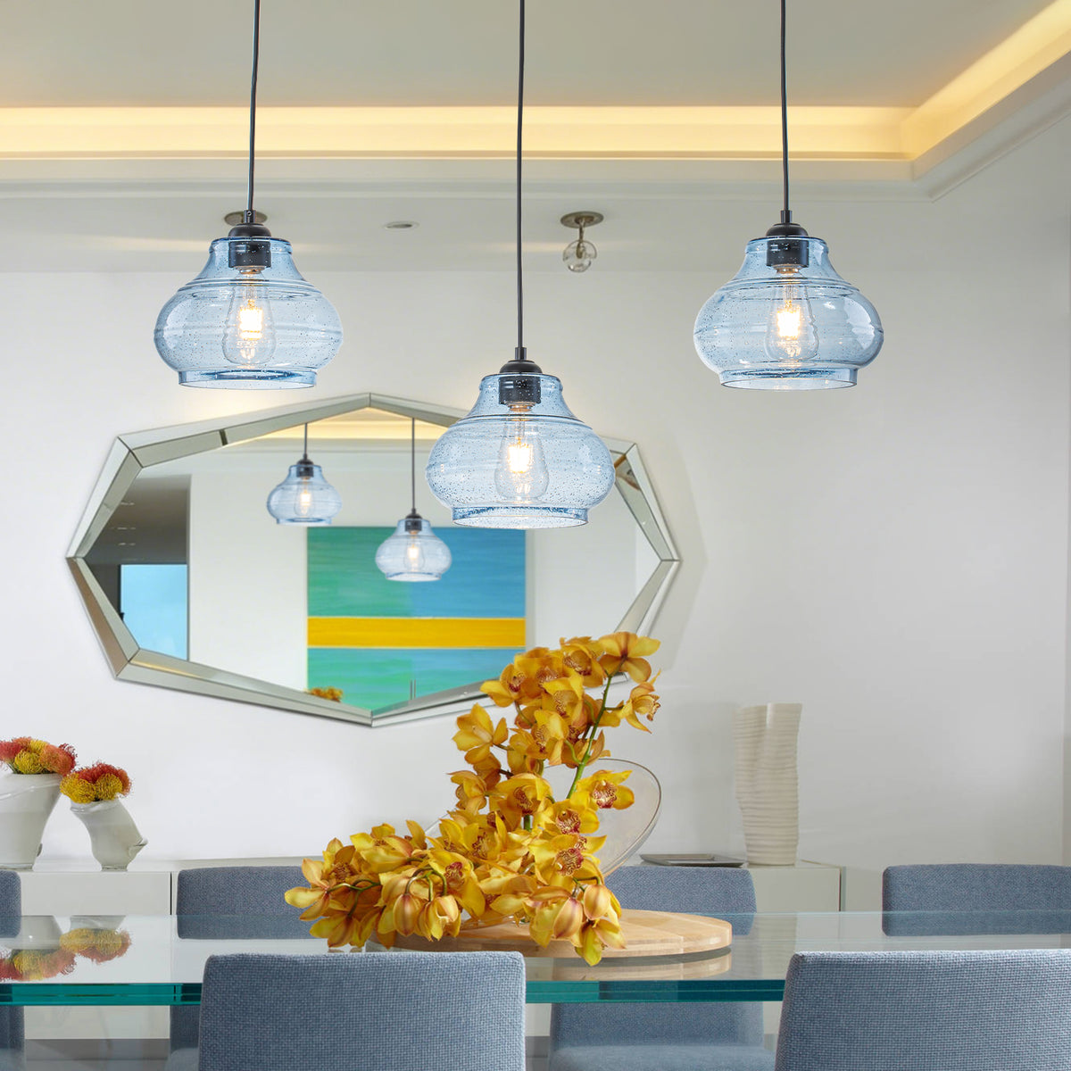 3-Light Kitchen Linear Island Pendant Light Seeded Blue Glass Shades