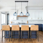 3-Light Kitchen Linear Island Pendant Light Seeded Blue Glass Shades