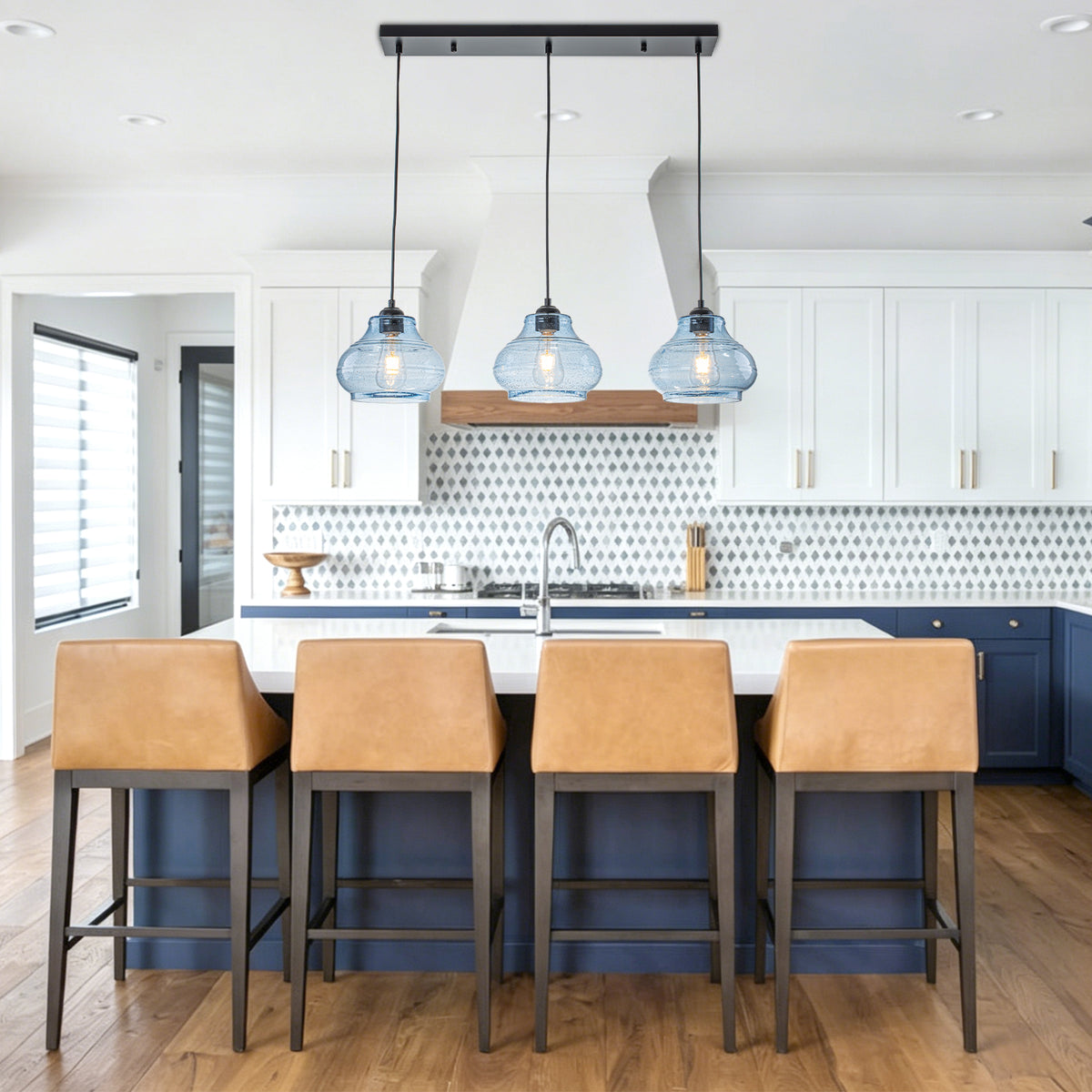3-Light Kitchen Linear Island Pendant Light Seeded Blue Glass Shades