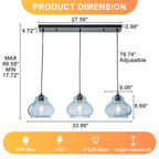 3-Light Kitchen Linear Island Pendant Light Seeded Blue Glass Shades