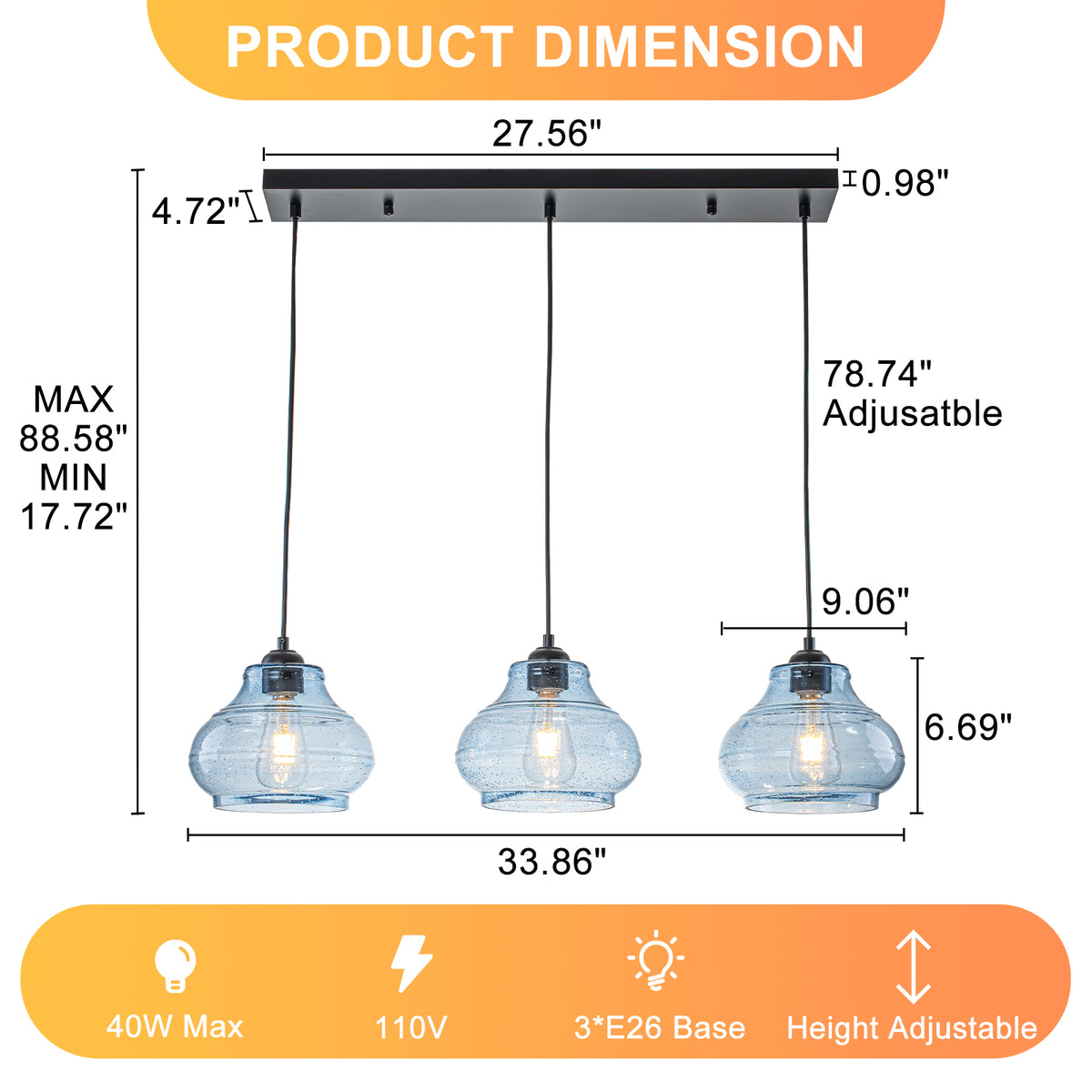 3-Light Kitchen Linear Island Pendant Light Seeded Blue Glass Shades