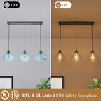 3-Light Kitchen Linear Island Pendant Light Seeded Blue Glass Shades