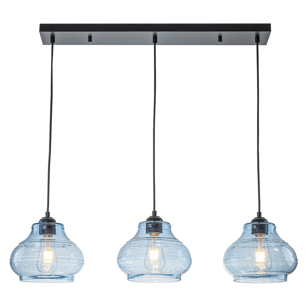3-Light Kitchen Linear Island Pendant Light Seeded Blue Glass Shades