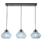 3-Light Kitchen Linear Island Pendant Light Seeded Blue Glass Shades