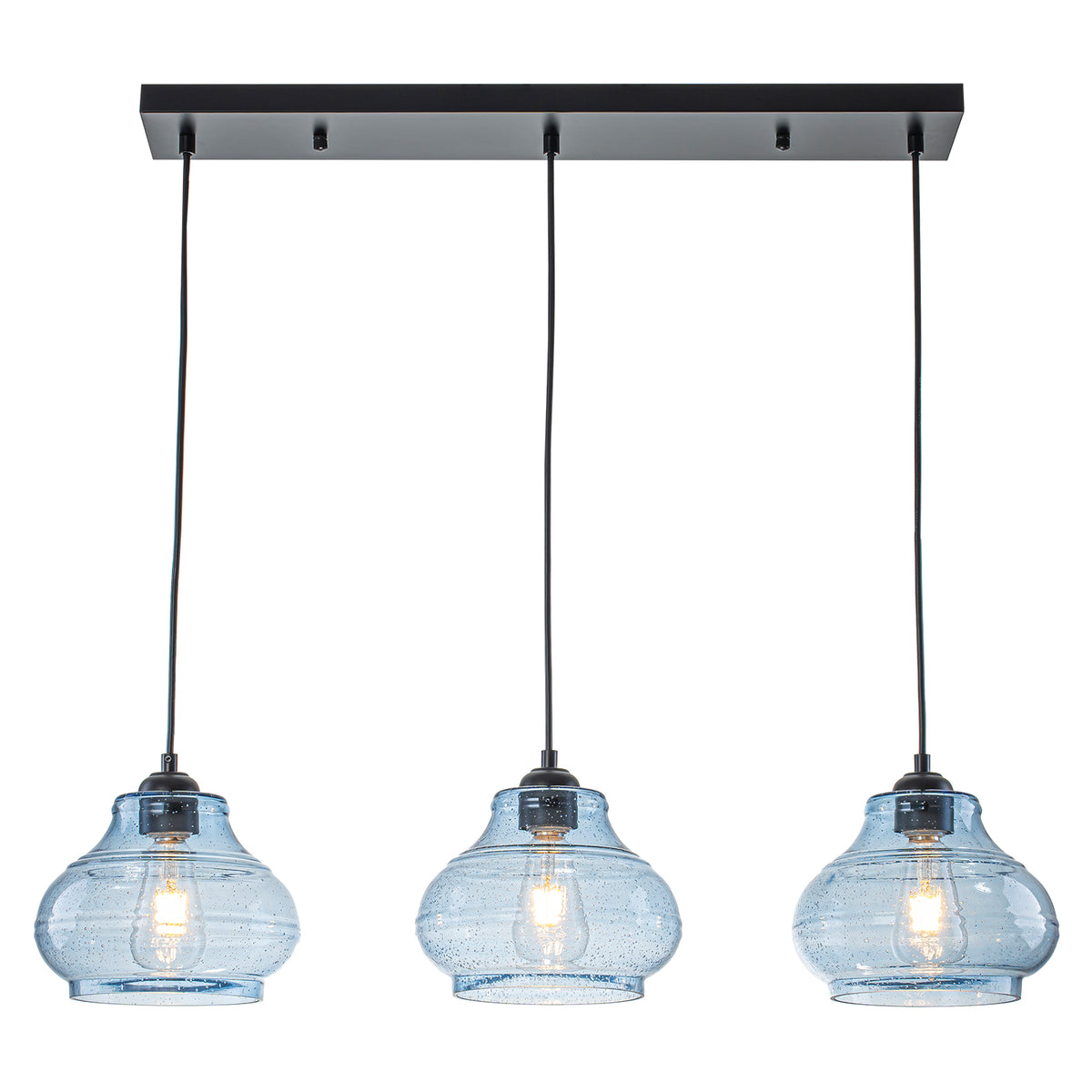 3-Light Kitchen Linear Island Pendant Light Seeded Blue Glass Shades