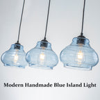 3-Light Kitchen Linear Island Pendant Light Seeded Blue Glass Shades