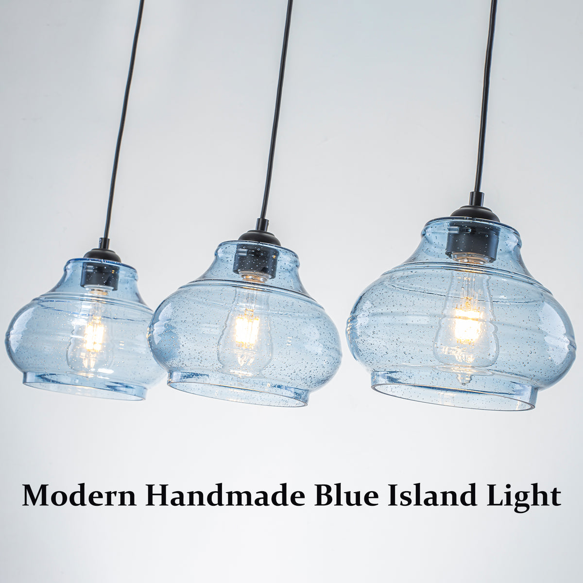3-Light Kitchen Linear Island Pendant Light Seeded Blue Glass Shades