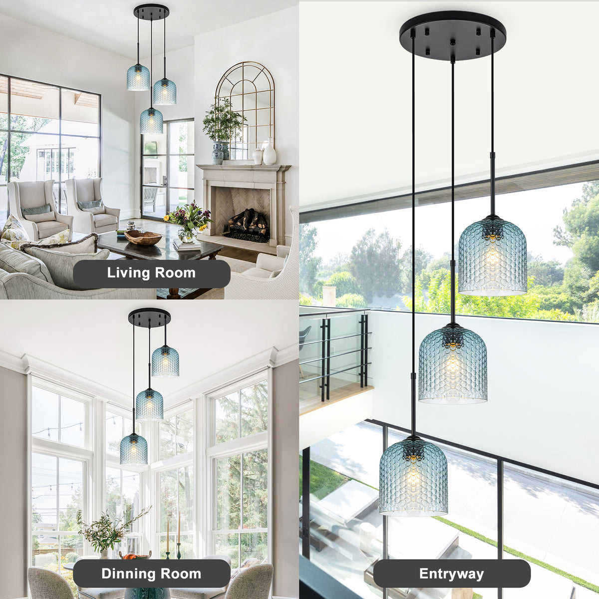 3 Light Black Cluster Pendant Blue Textured Glass Adjustable Modern - product image 1 | Zenvolit