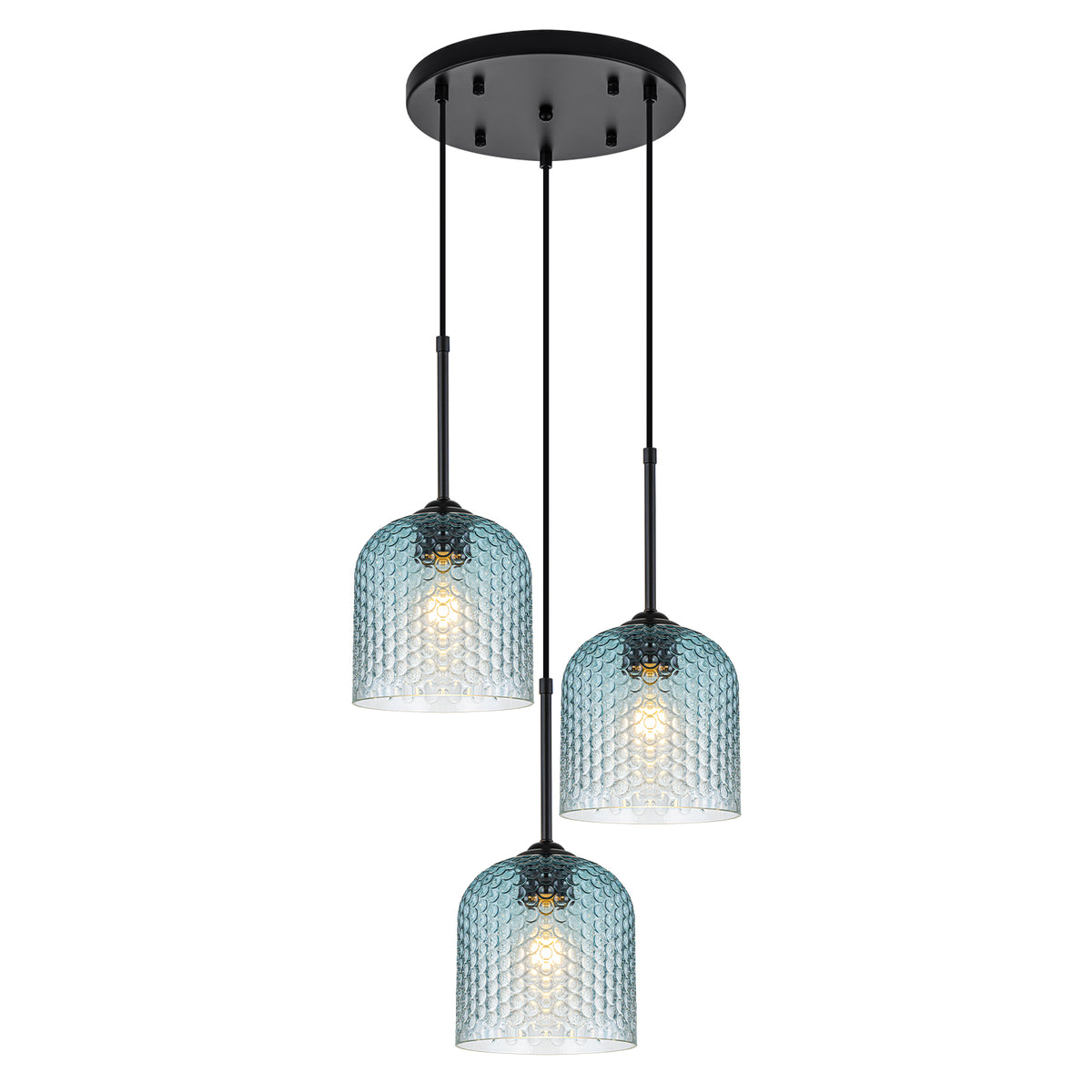3 Light Black Cluster Pendant Blue Textured Glass Adjustable Modern - product image 2 | Zenvolit