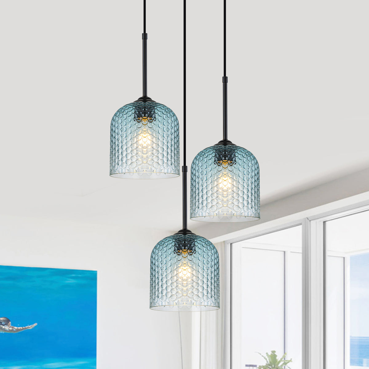 3 Light Black Cluster Pendant Blue Textured Glass Adjustable Modern - product image 3 | Zenvolit