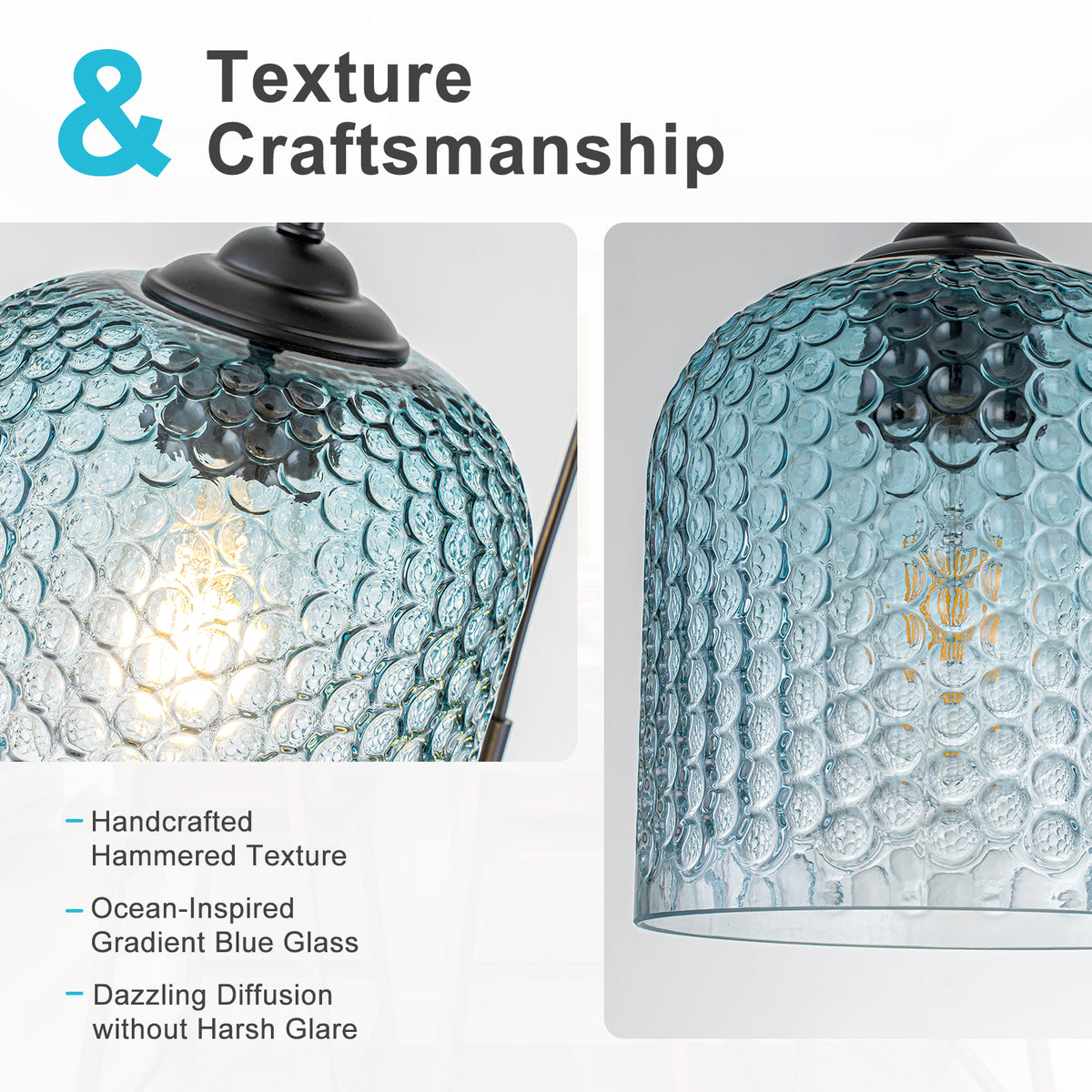 3 Light Black Cluster Pendant Blue Textured Glass Adjustable Modern - product image 4 | Zenvolit