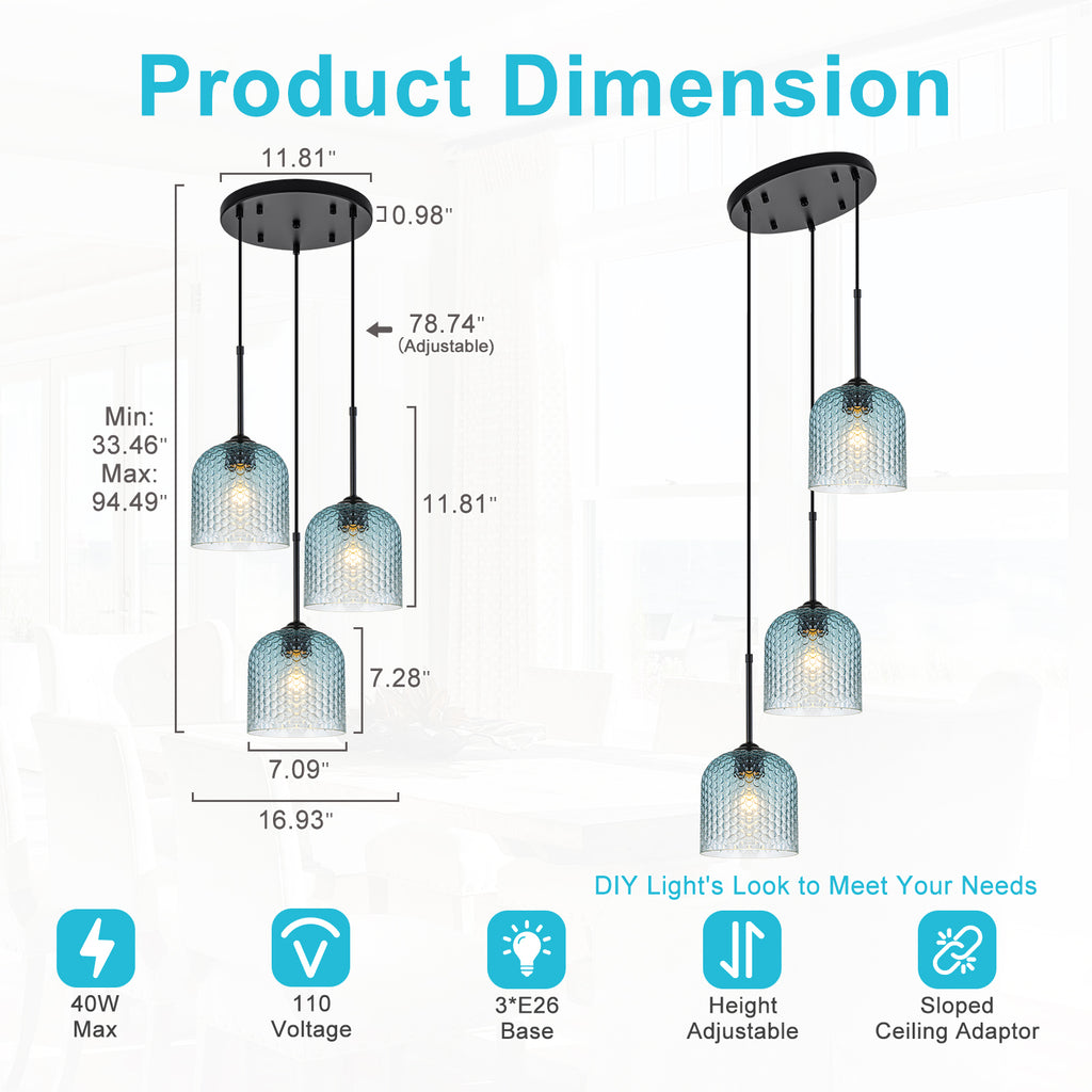 3 Light Black Cluster Pendant Blue Textured Glass Adjustable Modern - product image 8 | Zenvolit