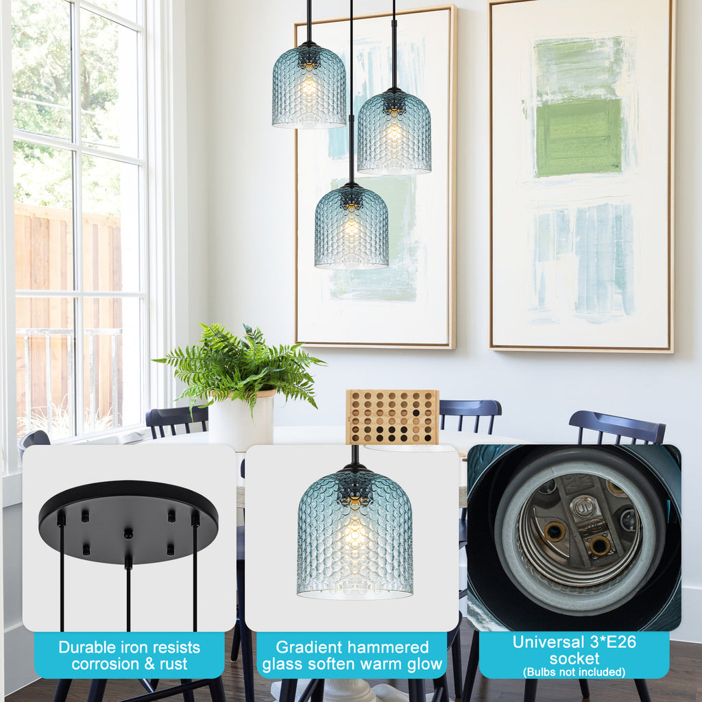 3 Light Black Cluster Pendant Blue Textured Glass Adjustable Modern - product image 10 | Zenvolit