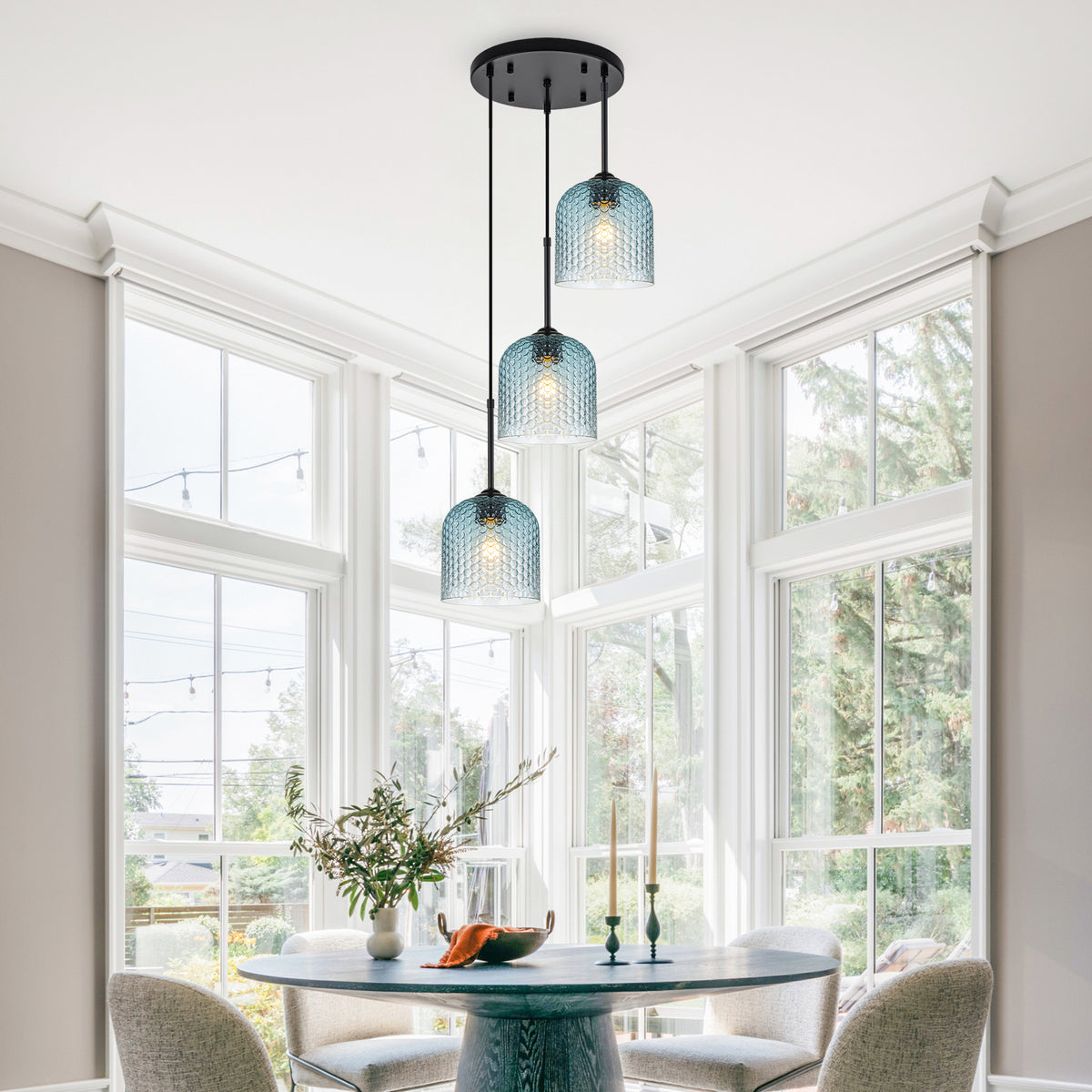 3 Light Black Cluster Pendant Blue Textured Glass Adjustable Modern - product image 13 | Zenvolit