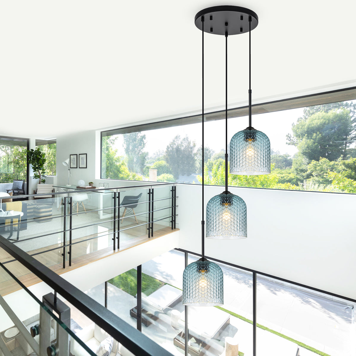 3 Light Black Cluster Pendant Blue Textured Glass Adjustable Modern - product image 14 | Zenvolit