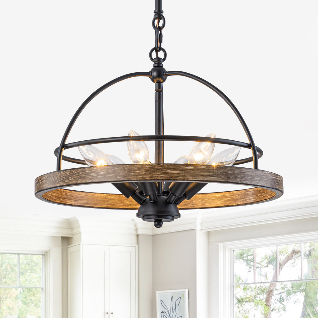 6-Light Black Farmhouse Pendant Light Chandelier Wood-Grain Accent - product image 1 | Zenvolit