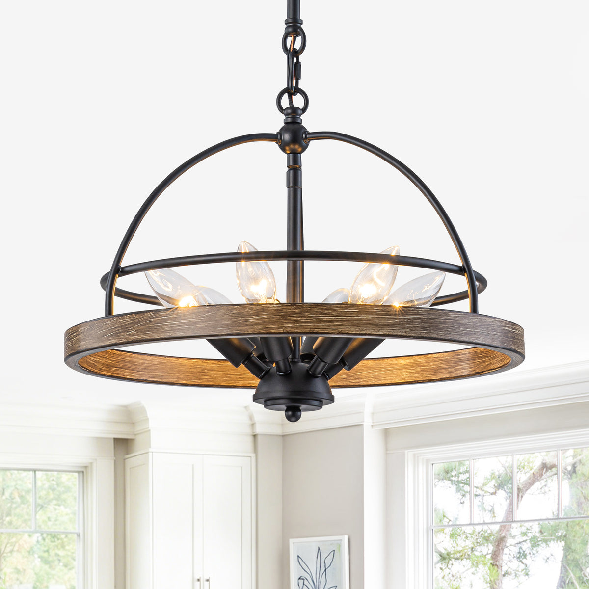 6-Light Black Farmhouse Pendant Light Chandelier Wood-Grain Accent - product image 1 | Zenvolit