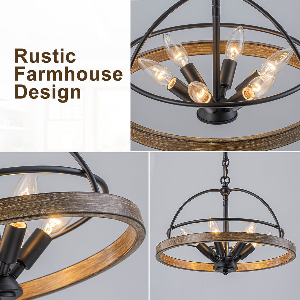 6-Light Black Farmhouse Pendant Light Chandelier Wood-Grain Accent - product image 3 | Zenvolit