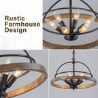 6-Light Black Farmhouse Pendant Light Chandelier Wood-Grain Accent - product image 3 | Zenvolit