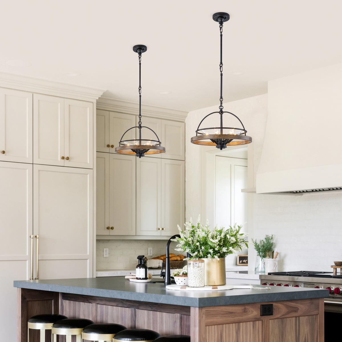 6-Light Black Farmhouse Pendant Light Chandelier Wood-Grain Accent - product image 9 | Zenvolit