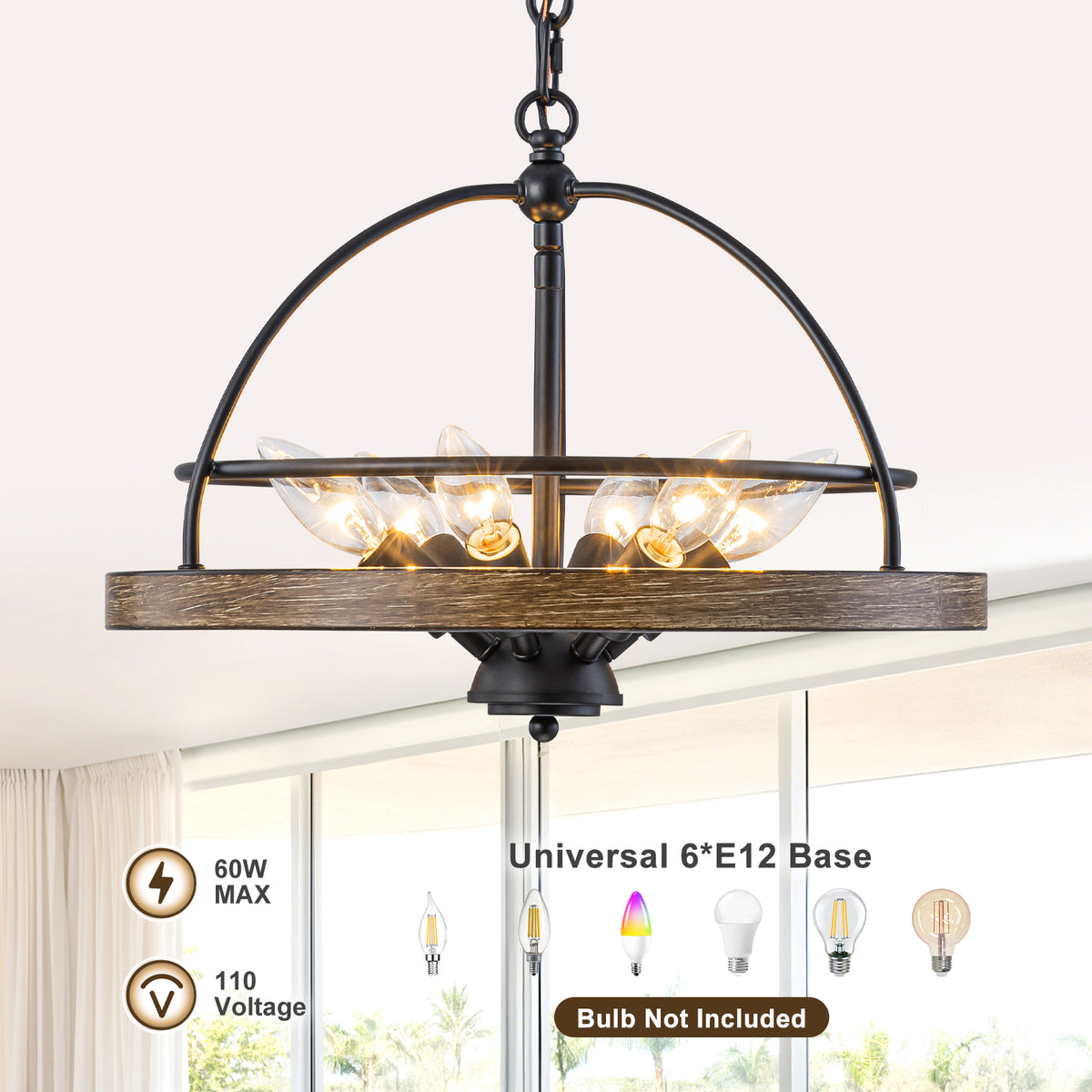 6-Light Black Farmhouse Pendant Light Chandelier Wood-Grain Accent - product image 10 | Zenvolit