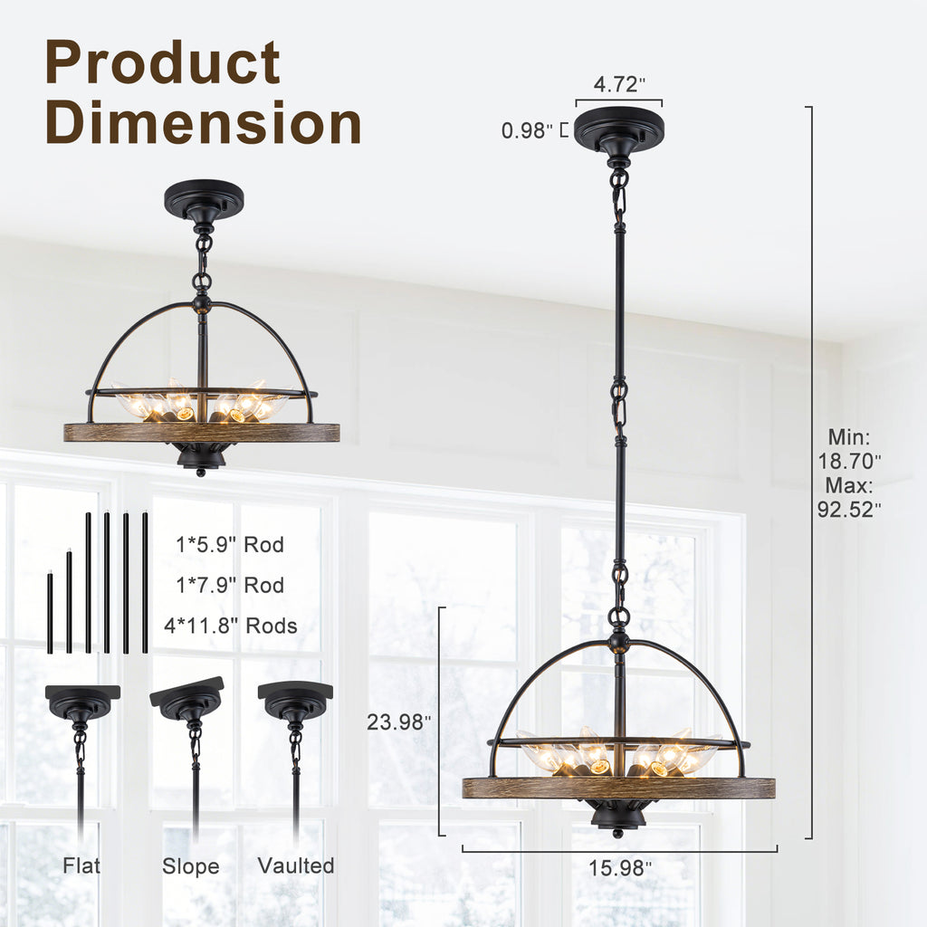 6-Light Black Farmhouse Pendant Light Chandelier Wood-Grain Accent - product image 14 | Zenvolit