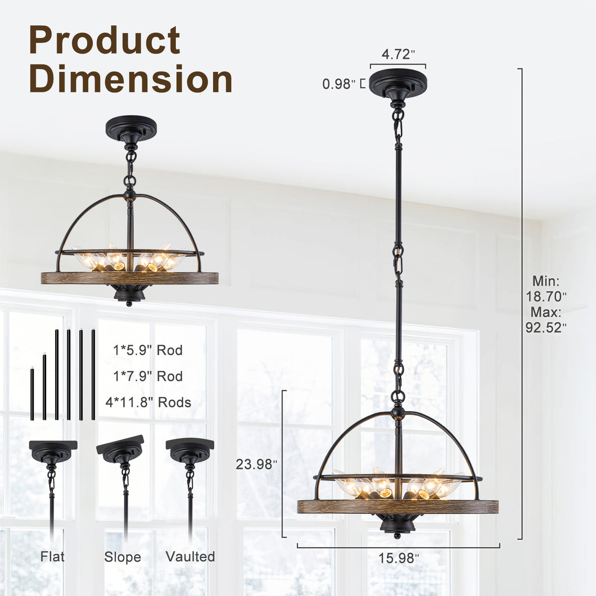 6-Light Black Farmhouse Pendant Light Chandelier Wood-Grain Accent - product image 14 | Zenvolit