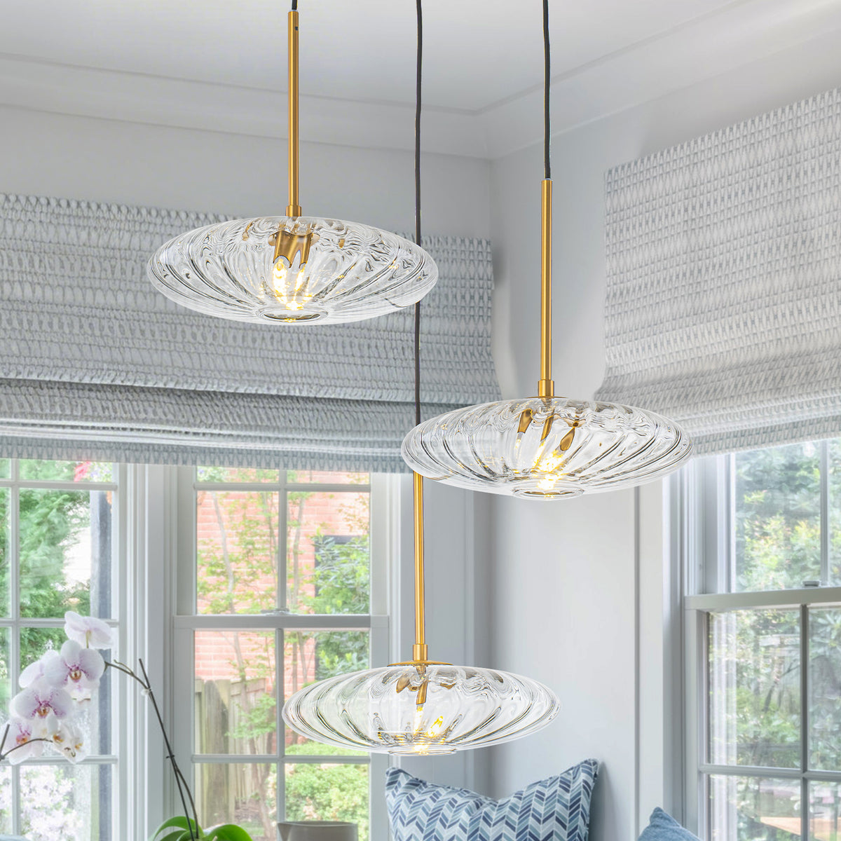 3-Light Matte Brass Pendant Light Clear Ribbed Glass Shades Kitchen - product image 1 | Zenvolit